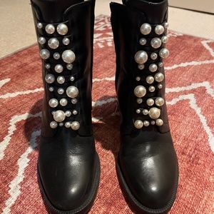 Zara Black Leather and Pearl Block Heel Boots size 38